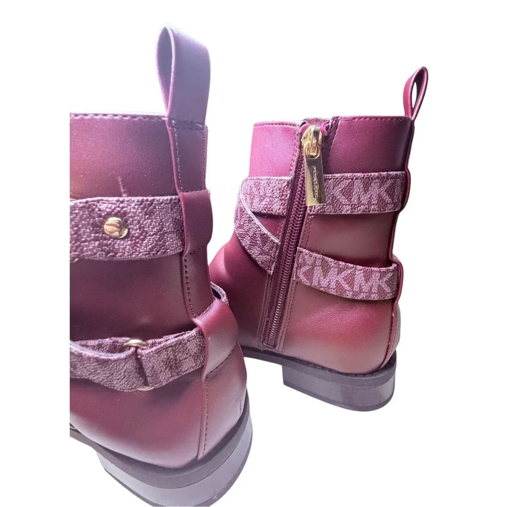 Michael Kors Womens Ankle Boots Burgundy MK Logo Straps Gold Hardware 6.5M SI22F